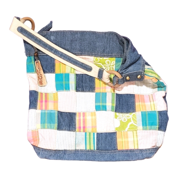 VINTAGE TOMMY HILFIGER BLUE MADRAS TOTE SHOULDER BAG DENIM ZIP CLOSURE - Picture 4 of 11